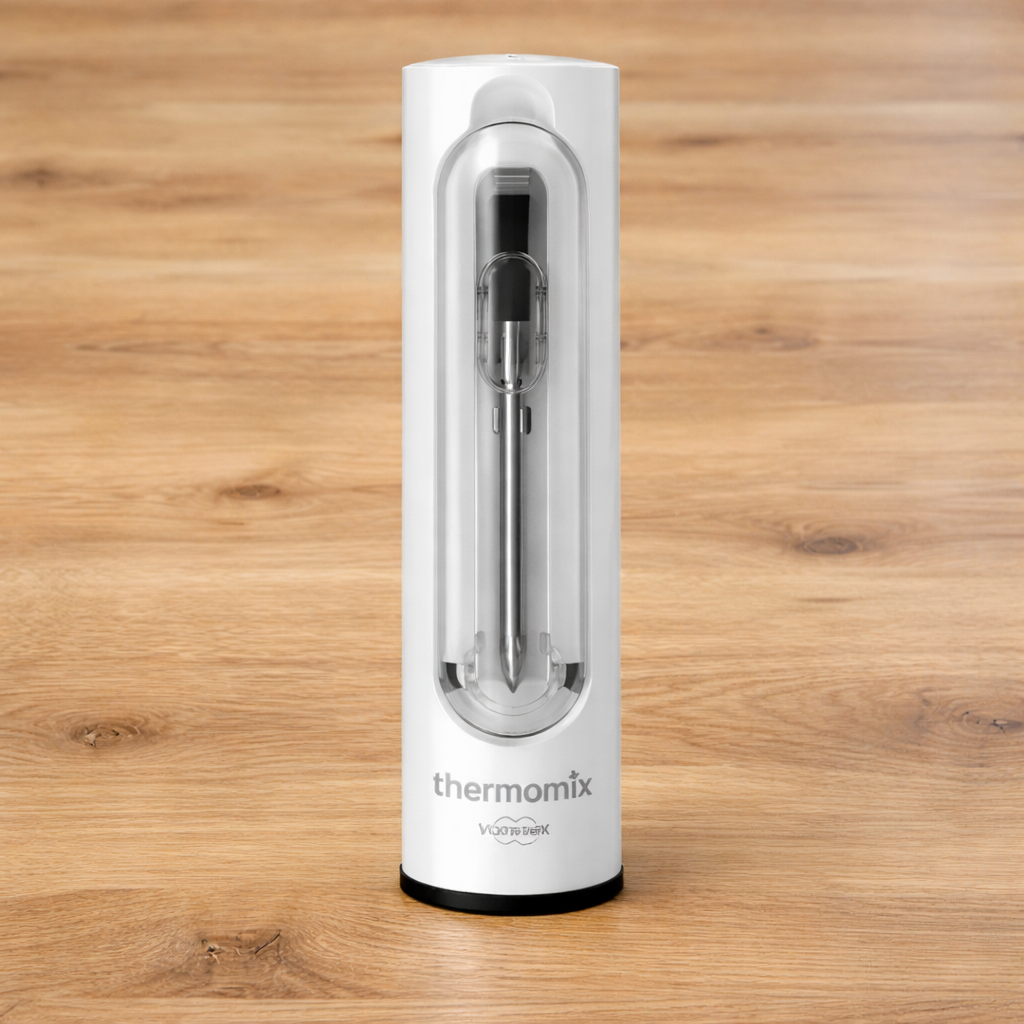 Thermomix Sensor w białej obudowie ustawiony pionowo na jasnym drewnianym blacie z wyraźnymi słojami, widoczna metalowa sonda w przezroczystej osłonie oraz logo Thermomix u dołu urządzenia