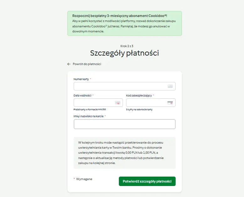 Formularz szczegółów płatności podczas aktywacji abonamentu Cookidoo