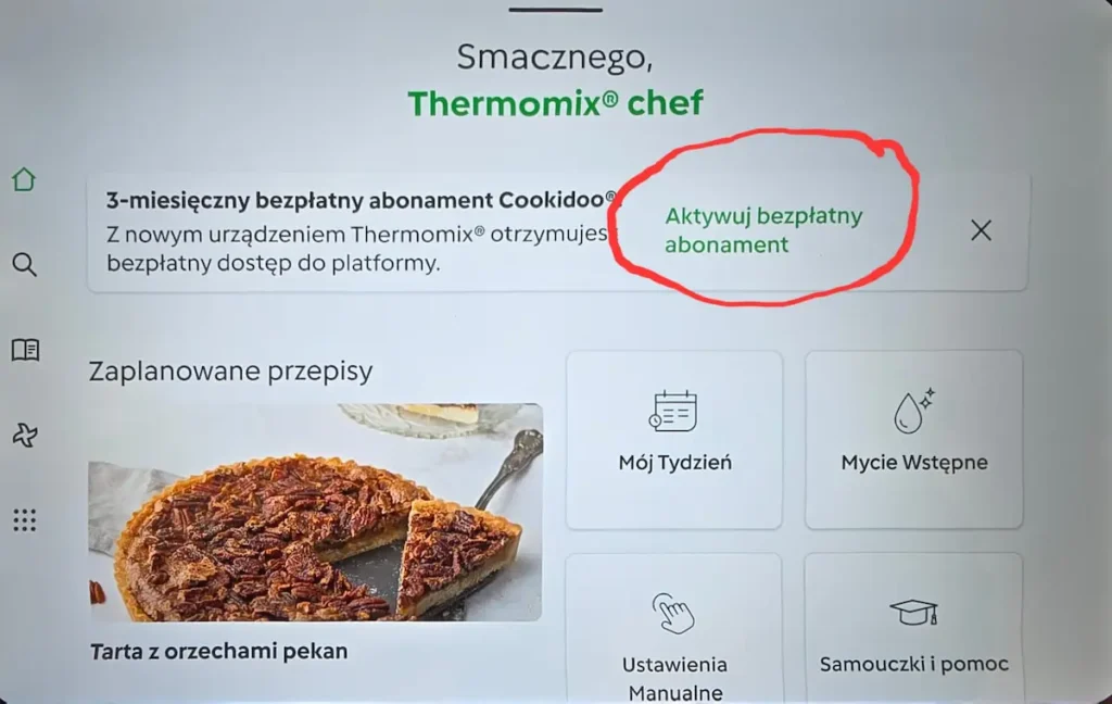 Aktywacja bezpłatnego abonamentu Cookidoo na ekranie głównym Thermomixa TM7