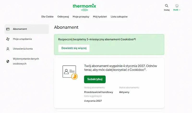Cookidoo status abonamentu po aktywacji 3 bezpłatnych miesięcy