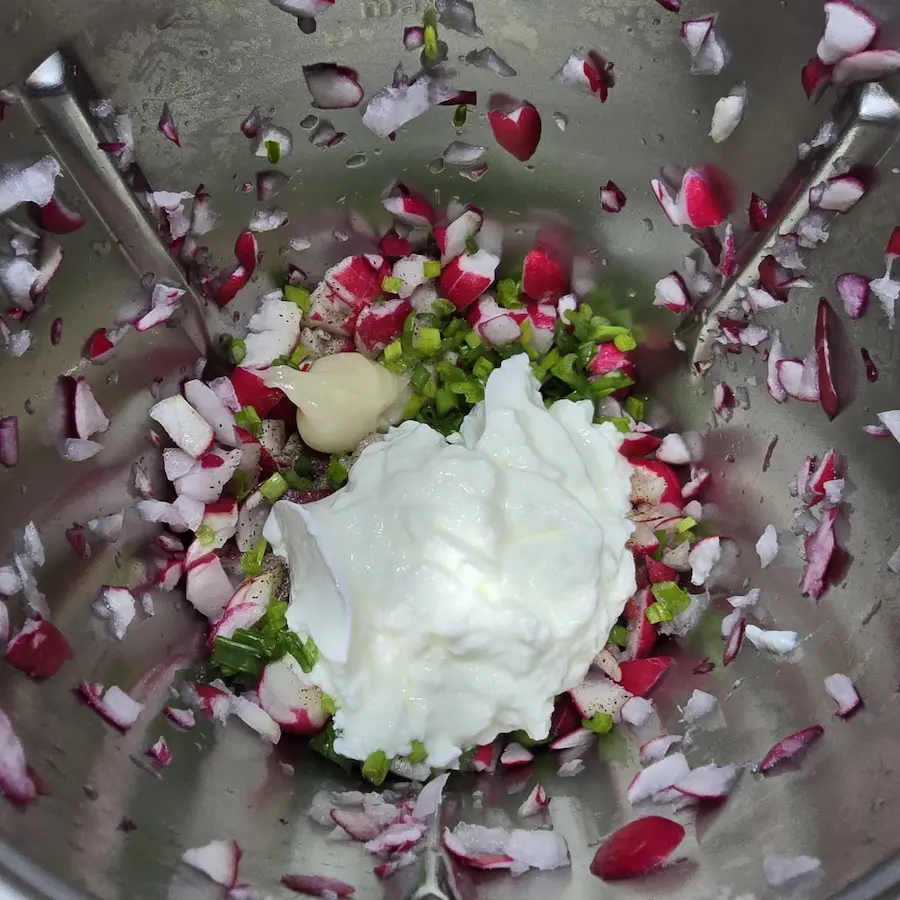 Jogurt naturalny, rzodkiewki i szczypiorek w naczyniu Thermomix podczas przygotowania salsy